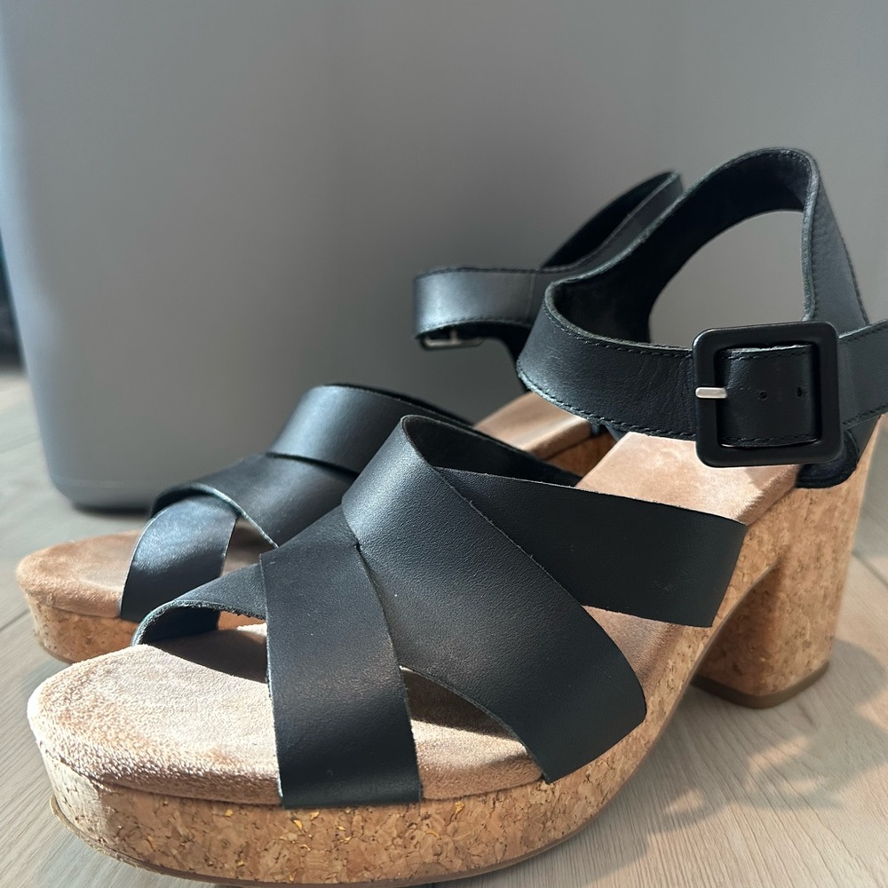 Toms Ava Leather Black Cork Heeled Sandals